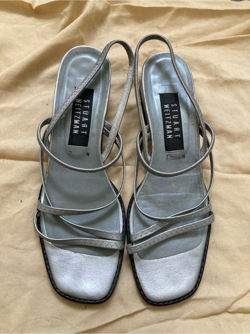 Stuart Weitzman Silver Low Block Heeled Sandals